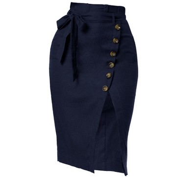 Allegra K Women s Vintage Button Decor Belted Split Front Knee Length Pencil Skirt Navy Blue Large Target