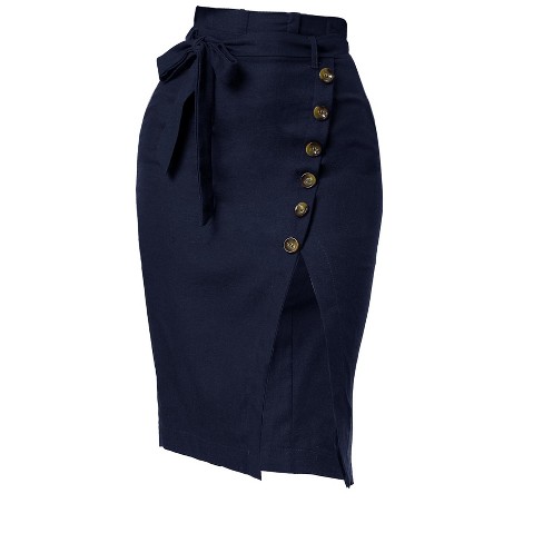 Hobemty Women's Pencil Skirt High Waist Pleated Front Work Midi Skirts Dark  Blue Small