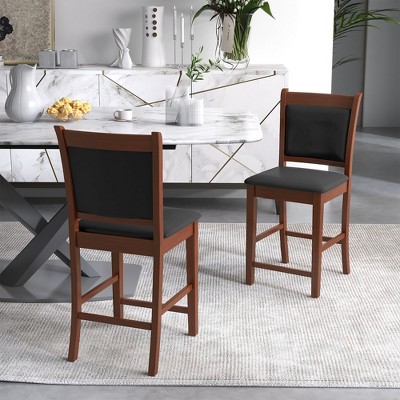 Brown Rubber Wood and Black PVC Leather Counter Stools Set of 2