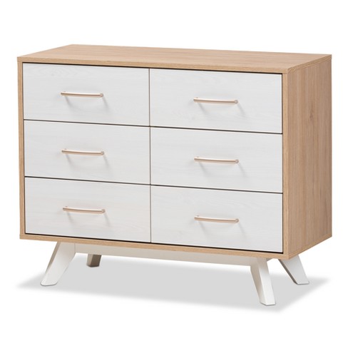 Helena Mid Century Modern Natural Oak, Modern 6 Drawer White Bedroom Dresser For Storage In Gold