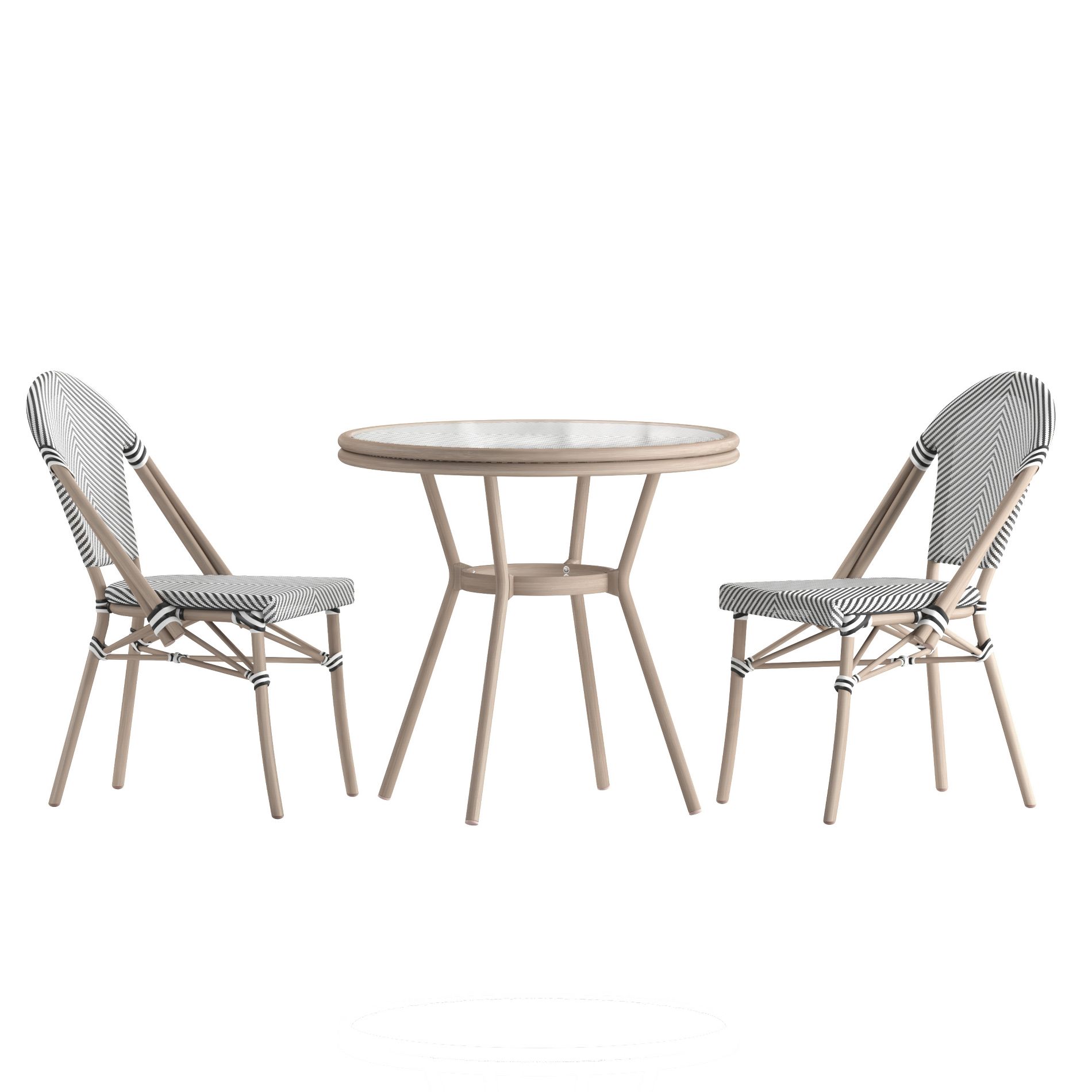Emma & Oliver Massalia Indoor/Outdoor Bistro Style 31.5 in. Table with Black & White Textilene, Glass Top, and Two Chairs - Light Natural Frame