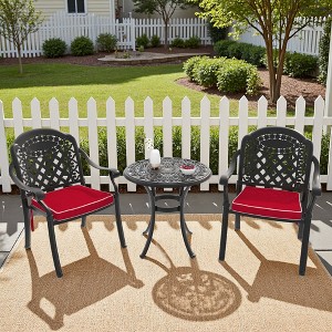 3-Piece Cast Aluminum Outdoor Dining Set: Round Table, Stackable Chairs & Red Cushions - All-Weather Patio Furniture for Your Backyard - 1 of 4