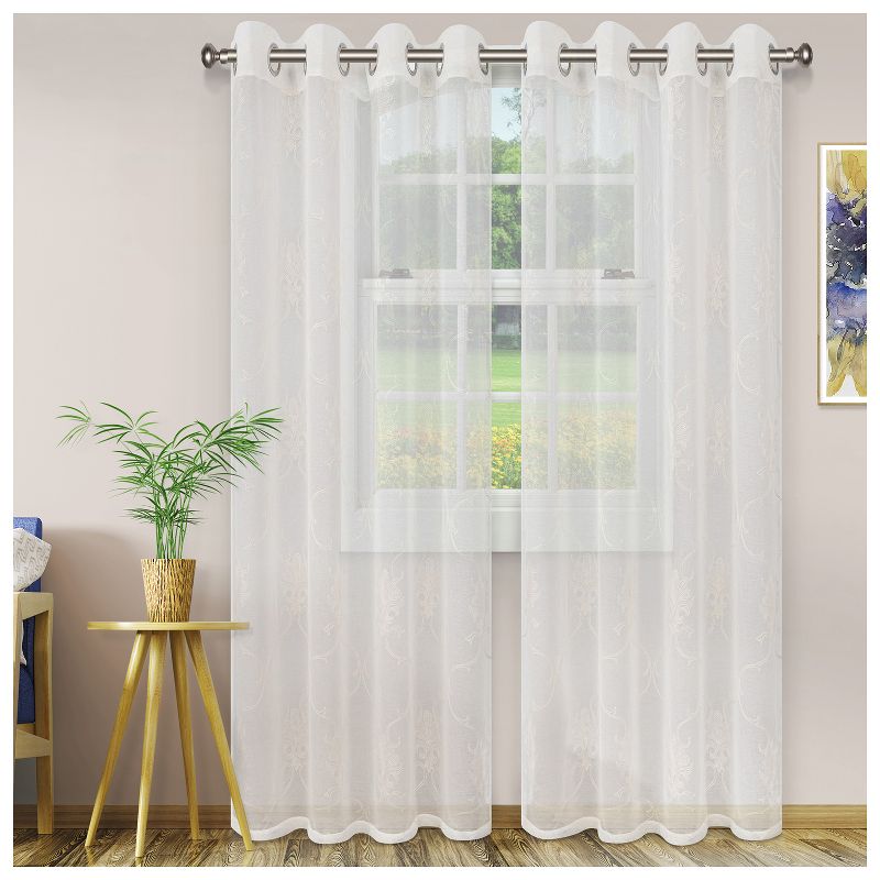 Embroidered Lightweight Sheer Scroll 2-Piece Curtain Panel Set with Stainless Grommet Header - Blue Nile Mills, 1 of 5