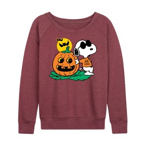 Women's - Peanuts - Snoopy Joe Cool Halloween Pumpkin Lightweight French Terry Wide Neck Long Sleeve Shirt - 1 of 4
