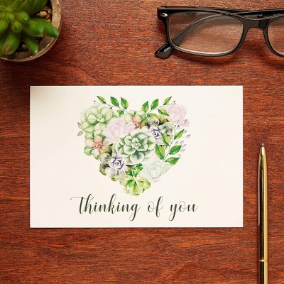 Pipilo Press 48-Pack Blank Thinking Of You Postcards, Heart and Succulents Design (6 x 4 In)