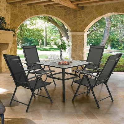 5pc Patio Dining Set with Square Metal Table with Umbrella Hole and Foldable Sling Chairs - Captiva Designs