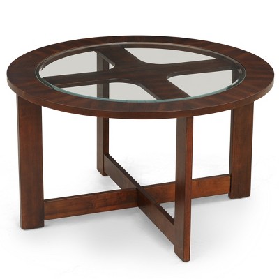 Cylina Dark Brown Wood Glass Top Round Coffee Table with 4 Stools