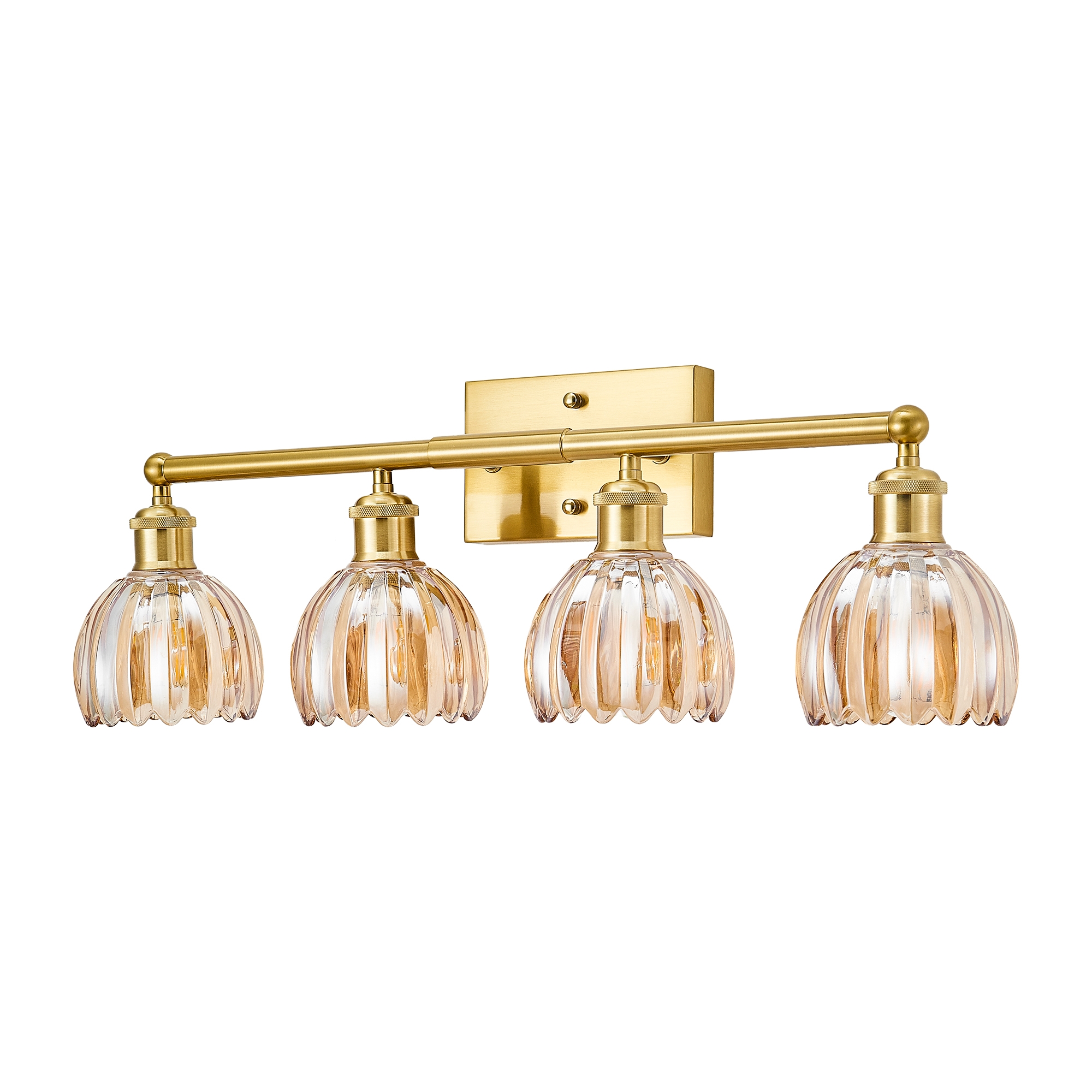 Vintage Bathroom Vanity Light,4-Light E26 Base Wall Sconce With Patterned Glass Shade&Brushed Gold, Vanity Lighting Over Mirror(Gold&Amber)
