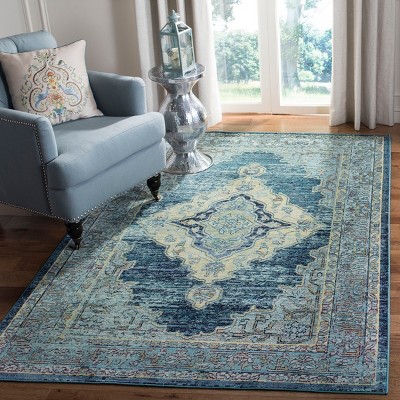 Blue and Yellow Hand-Knotted Synthetic Oriental Area Rug