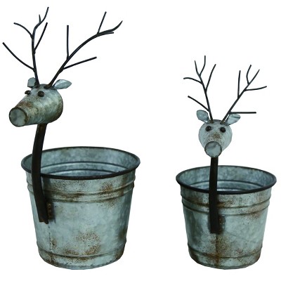 Transpac Metal 19 in. Silver Christmas Galvanized Reindeer Buckets Set of 2