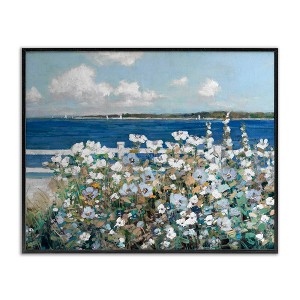 Stupell Industries Beautiful White Flower Bush Seaside Fence Ocean View Framed Giclee Art - 1 of 4
