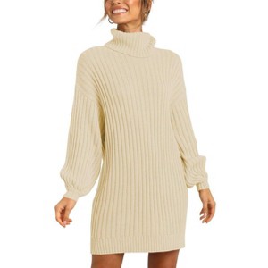Coolmee Sweater Mini Dress for Women Long Puff Sleeve Turtleneck Sweater Ribbed Knit Oversized Pullover Short Dress - 1 of 4