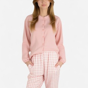 Anna-Kaci Lounge Women's Woven Pajama Set with Long Sleeve Button-Up Top Elastic Cuff Sleeves and Relaxed Gingham Print Lounge Pants - 1 of 4