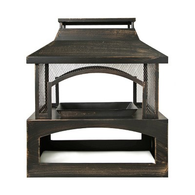 37-Inch Rectangular Metal Outdoor Wood Burning Fireplace,Outdoor Fireplace with Built-in Log Storage and Poker-Brushed Bronze,Log Burner Fire Pit