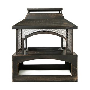 37-Inch Rectangular Metal Outdoor Wood Burning Fireplace,Outdoor Fireplace with Built-in Log Storage and Poker-Brushed Bronze,Log Burner Fire Pit - 1 of 4