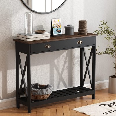 39" Farmhouse Console Table with Drawer & Storage Shelf,Rustic Narrow Entryway Table for Hallway or Living Room-Baofuwish