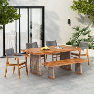 Christopher Knight Home Liliana Rustic 6 Piece Outdoor Acacia Wood Dining Set with Rattan Slatted Table and Cushions - 1 of 4