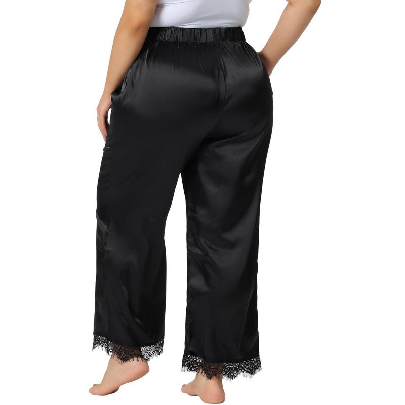 Agnes Orinda Women's Plus Size Satin Lace Trim Elastic Soft Wide Leg Pockets Pajama Pants, 4 of 6