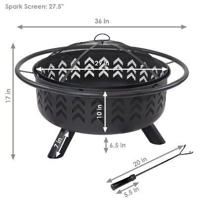 36-Inch Black Steel Arrow Motif Fire Pit with Spark Screen