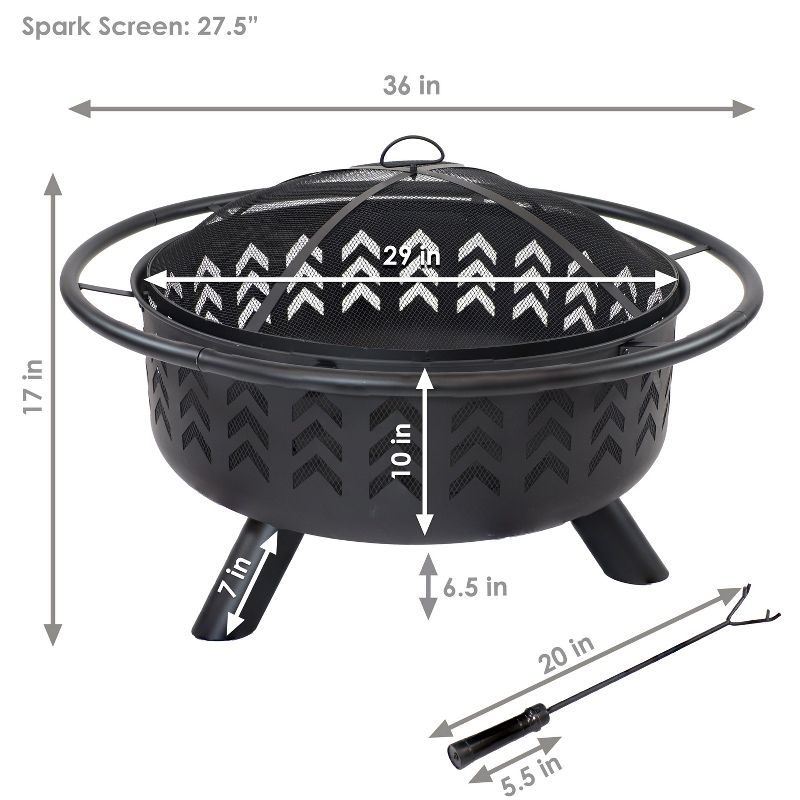 Sunnydaze Arrow Motif Heavy-Duty Steel Fire Pit with Spark Screen, Built-In Grate, and Cover - 36-Inch Round - Black, 3 of 9