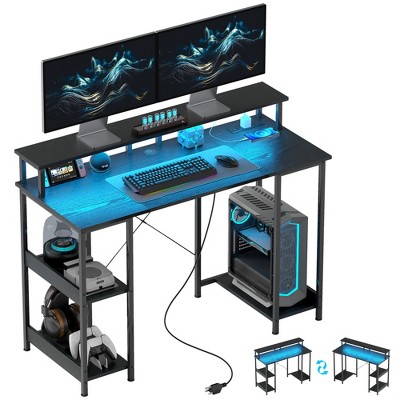 HOMCOM Reversible Computer Desk with Power Outlets and LED Lights, Home Office Desk with Monitor Stand and Storage Shelves