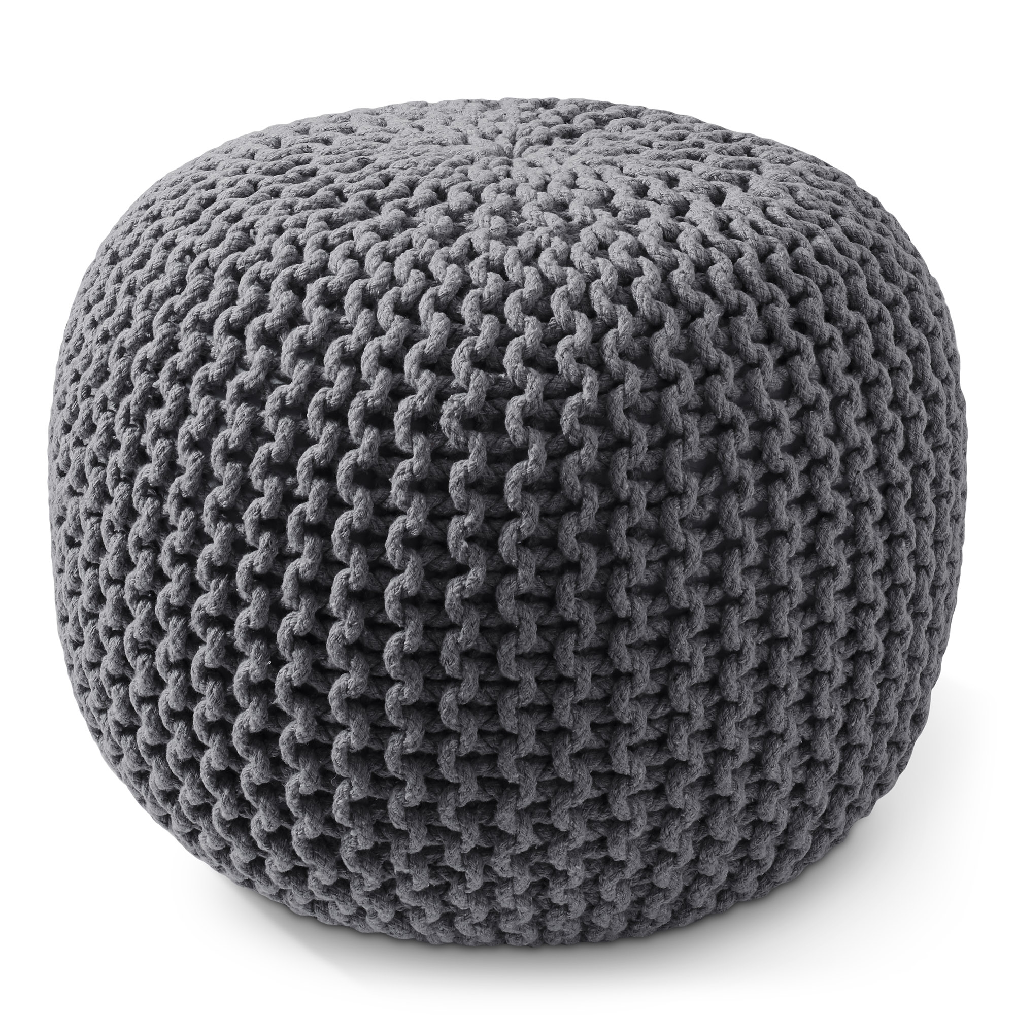 Casafield Round Pouf Ottoman, Dark Gray - 20" Dia x 14.5" High Cotton Knit Foot Stool - Boho Floor Pouffe for Living Room