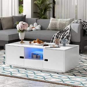 Modern Rectangle Coffee Table, High-Gloss Finish, Storage Cabinets & Drawer, 16-Color LED Lights for Living Room - 1 of 4