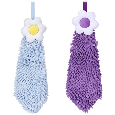 REGALWOVEN Chenille Soft Absorbent Flower Hanging Hand Towels for Bathroom 2 Pcs