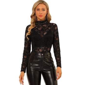 Women's Black Sheer Lace Mesh Bishop Sleeve Top Casual Round Neck