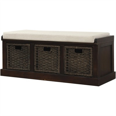 XINGHANZHENXUAN Entryway Bench with 3 Rattan Baskets & Cushion, No Assembly Needed, 220lb Capacity