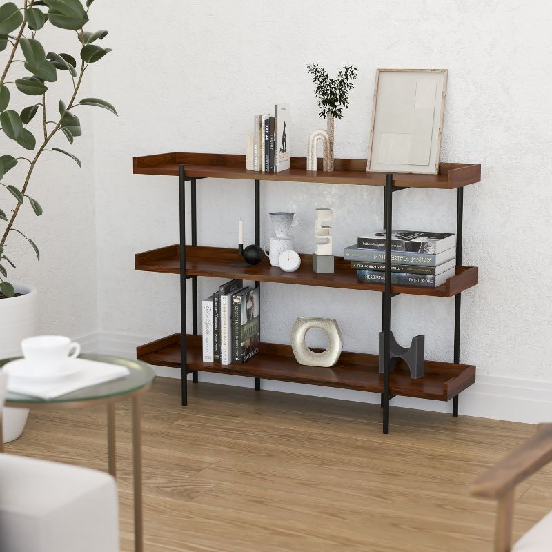 Merrick Lane Industrial Style Rustic Brown 3 Tiered Shelving Unit With Black Metal Frame and Raised Border - 35"H, 3 of 14