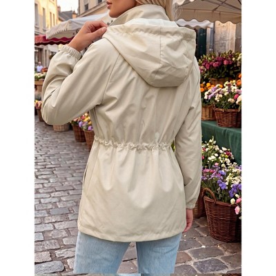 Женские куртки INSPIRE CHIC Women's Stand Collar Hooded Mid-Length Drawstring Waist Elastic Cuffs Outdoor Coats Large Beige — фото 3