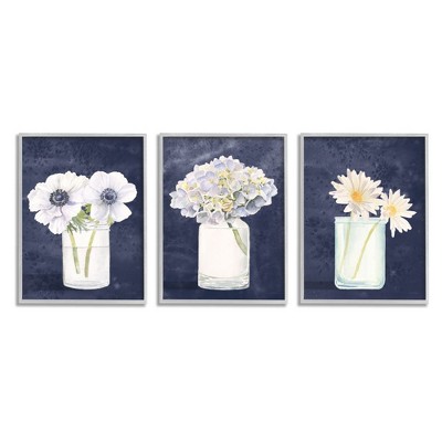 Stupell Industries Farmhouse Flower Bouquets Navy Blue White Painting Gray Framed Giclee 3pc Set, 16 x 20