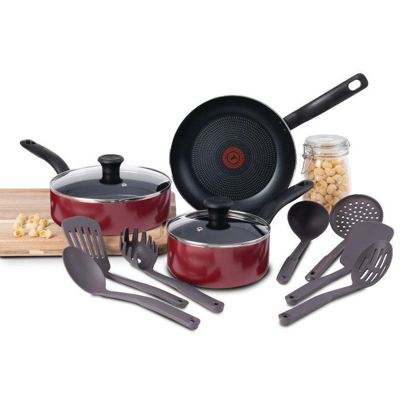 T-Fal 12pc Nonstick Aluminum Cookware Set Red, 1 of 14