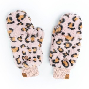 Britt's Knits Womens Winter Leopard Print Plush Vegan Fur Cuffed Lined Mittens Gloves - 1 of 2