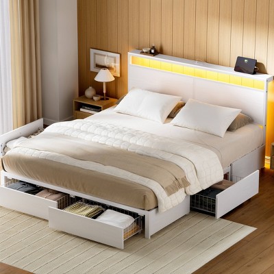 WOWLIVE Queen/Full/King Size Bed Frame with 4 Drawers, Modern bed with LED Light and Charging Station, Storage Headboard, HB00