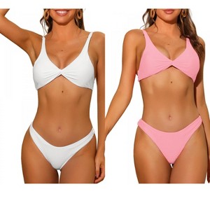 INSPIRE CHIC Women's Twist Cross Knot Solid Adjustable Straps Self Tie Back Swimsuits Bikini 2 Set - 1 of 4