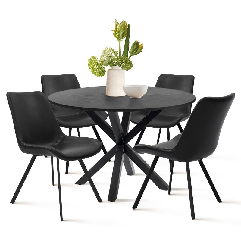 Oliver+Kourtney 5-Piece Solid Black Round Dining Table Set with Faux Leather Dining Chairs Set of 4 with Black Legs-The Pop Maison, 2 of 9