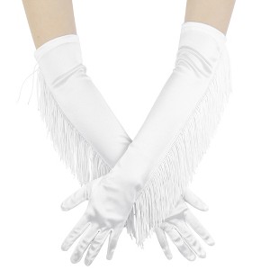 INSPIRE CHIC Women's Long Fringe Gloves with Tassels Satin 19.3" Elbow Length Warmer for Halloween, Opera, Wedding, Party 1Pair - 1 of 4