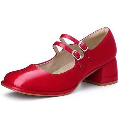 BLISSFUL STEP Women's Square Toe Ankle Strap Block Heels Mary Jane Pumps