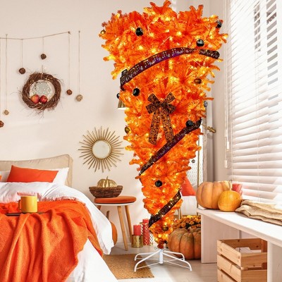 LOVMOR Upside Down Christmas Tree with LED Warm Lights, Halloween-themed Ornaments and Satin Ribbon