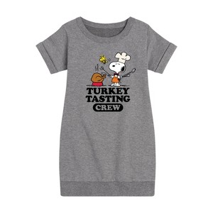 - Peanuts - Turkey Tasting Crew Graphic Short Sleeve Fleece Dress - 1 of 4