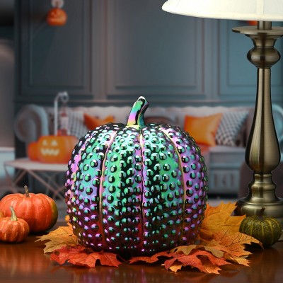 10.2" Iridescent Green and Purple Ceramic Pumpkin Decor