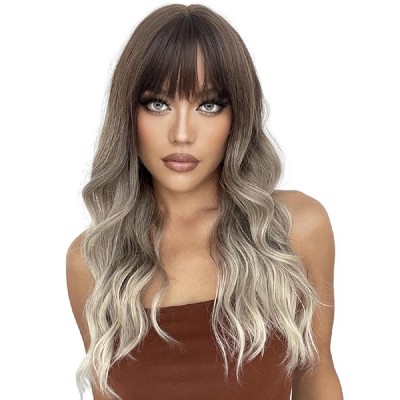 Jessie's Wig Curly Wig With Bangs Heat Resistant Daily Party Costume Synthetic Hair Ombre Brown to Blonde 16 Inch 1 Pc/Pack