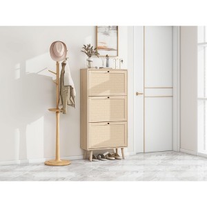 TIRAMISUBEST Natural 3-Door Shoe Rack, Entryway Organizer with Round Handles & Pine Legs - 1 of 4