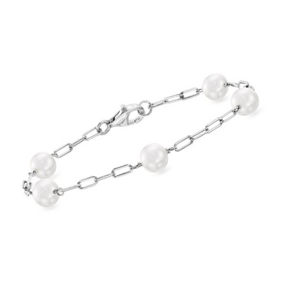 Ross-Simons 6.5-7mm Cultured Pearl and Sterling Silver Paper Clip Link Station Bracelet Size 7