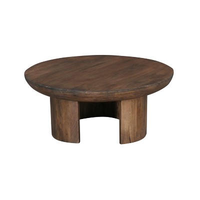 The Urban Port 35" Coffee Table Handcrafted Round Mango Wood Top Modern Curved Tripod Legs Walnut Brown