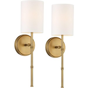 Regency Hill Abigale Modern Wall Light Sconces Set of 2 Brass Hardwire 5" Fixture White Fabric Shade for Bedroom Reading Living Room Hallway House - 1 of 4