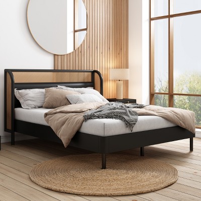 Queen Size Rattan Platform Bed with Woven Ratten Curved Wingback Headboard with PU Leather Upholstery, Black-ModernLuxe