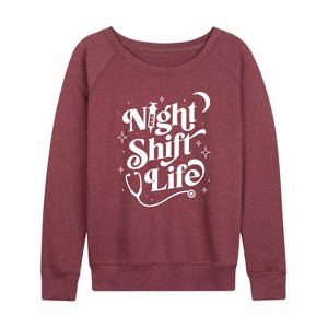 Women's - Instant Message - Night Shift Life Lightweight French Terry Wide Neck Long Sleeve Graphic Shirt - 1 of 4